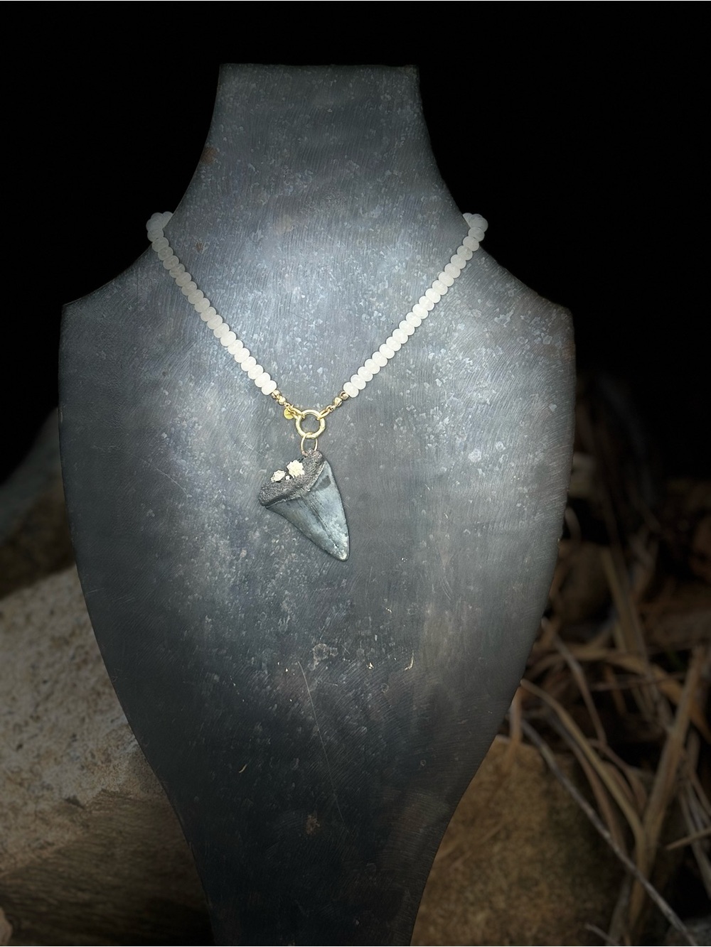 White Beaded Megladon Sharktooth Necklace with 18k plated closure
